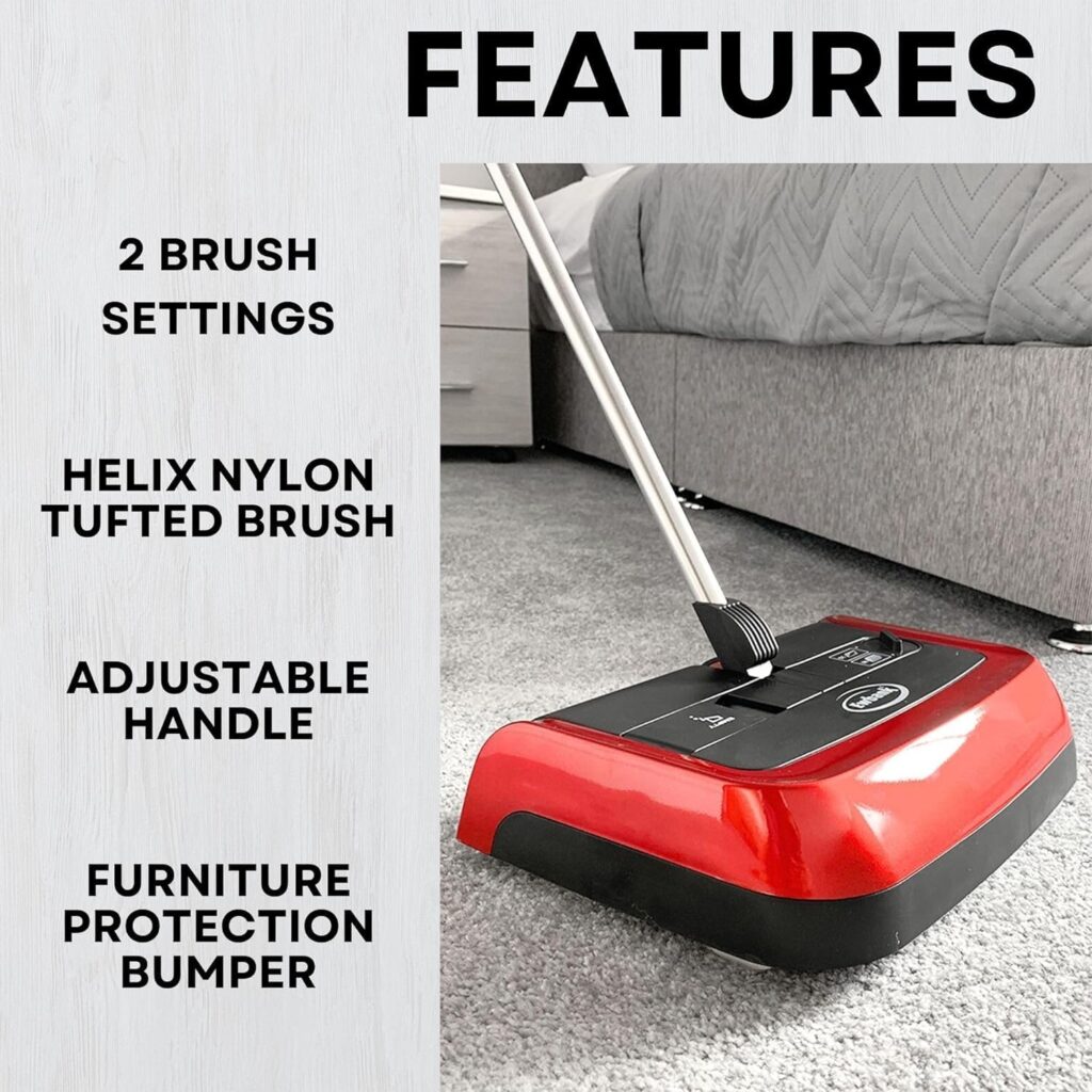 Ewbank 830UKR Evo3 Manual Floor and Carpet Sweeper, Lightweight Multi Surface Cleaner with High Level Pickup both Forwards and Backwards, Durable Long-Life Synthetic Brushes, Red