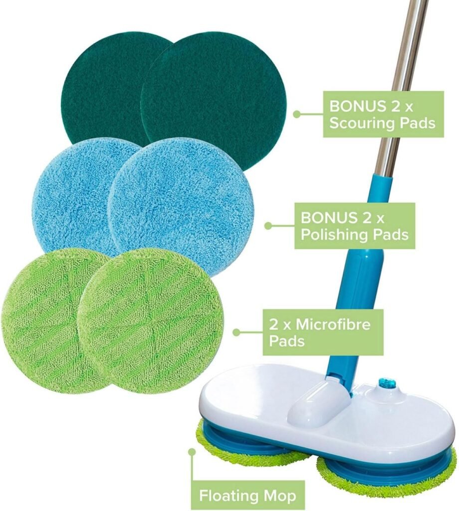 High Street TV Floating Mop - Motorised Cordless  Rechargeable - Spinning Mop - Includes Microfibre  Scouring Pads - Rotating Heads - Complete Hard Floor Cleaning Solution - Lightweight