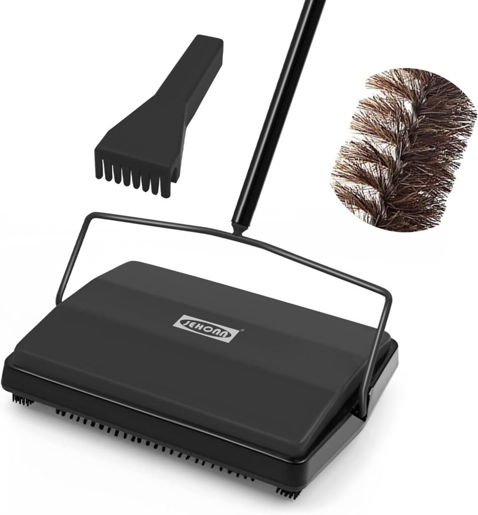 JEHONN Carpet Floor Sweeper Manual with Horsehair, Non Electric Quite Rug Roller Brush Push for Cleaning Pet Hair, Loose Debris, Lint (Black)