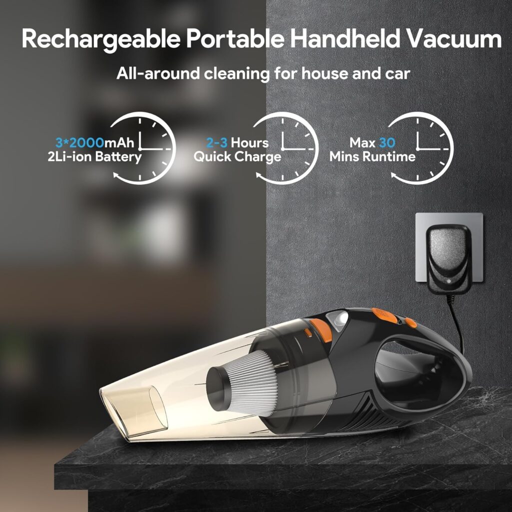 kitsky Handheld Cordless Vacuum Cleaner - Lightweight Car Vacuum Cleaner - with 12000pa Powerful Suction, Long Battery Life, Led Lights, Waterproof Hepa Filter - for Car, Stair, Sofa, Corner Cleaning