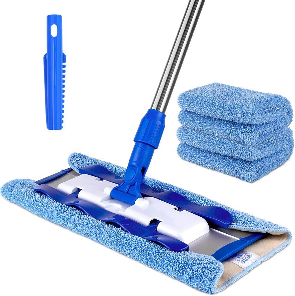 MR.SIGA Professional Microfibre Mop for Hardwood, Laminate, Tile Floor Cleaning, Stainless Steel Telescopic Handle - 3 Reusable Microfibre Cloths and 1 Dirt Removal Scrubber included