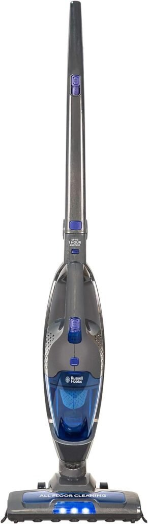 Russell Hobbs Cordless Upright Stick Vacuum Cleaner Bagless 2 in 1 Grey and Blue 600W 2 Speed Settings 60 min Run Time, for Carpets  Hard Floors with Crevice  Brush Tool, 2 Year Guarantee RHSV2211