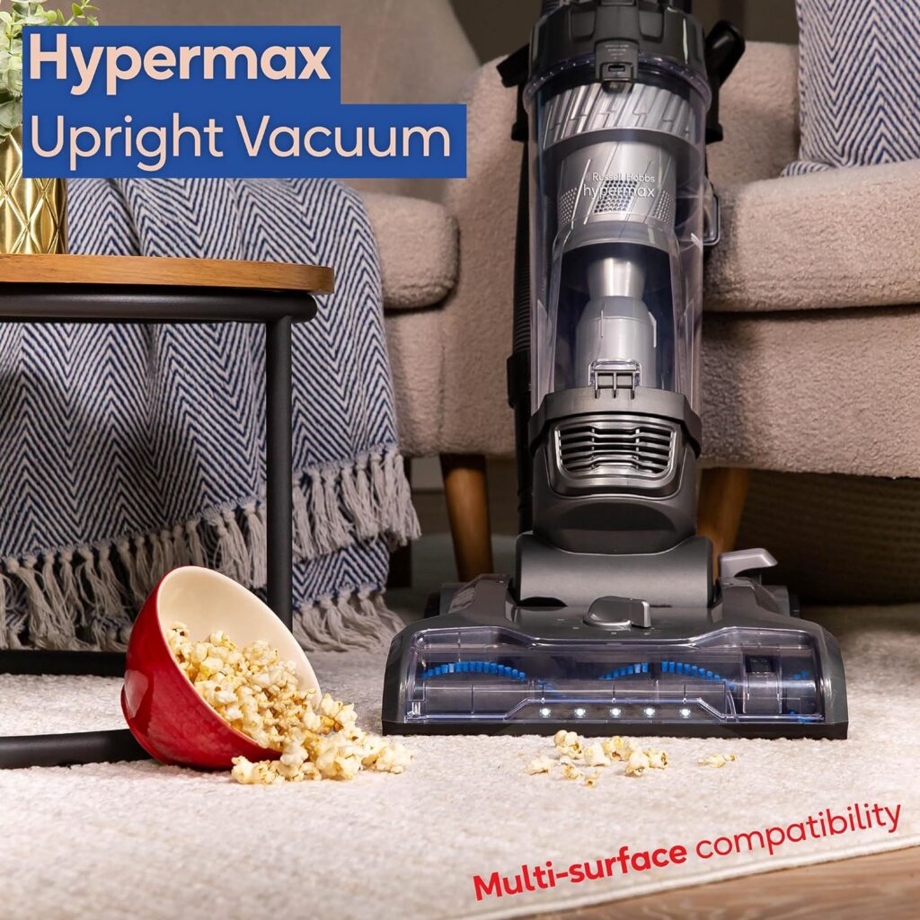 Russell Hobbs Upright Vacuum Cleaner Hypermax Multi-Surface Compatibility, Multi-Cyclonic Filtration, Grey  Blue Vacuum, Lightweight, 4L Dust Tank  10m Power Cord RHUV7001