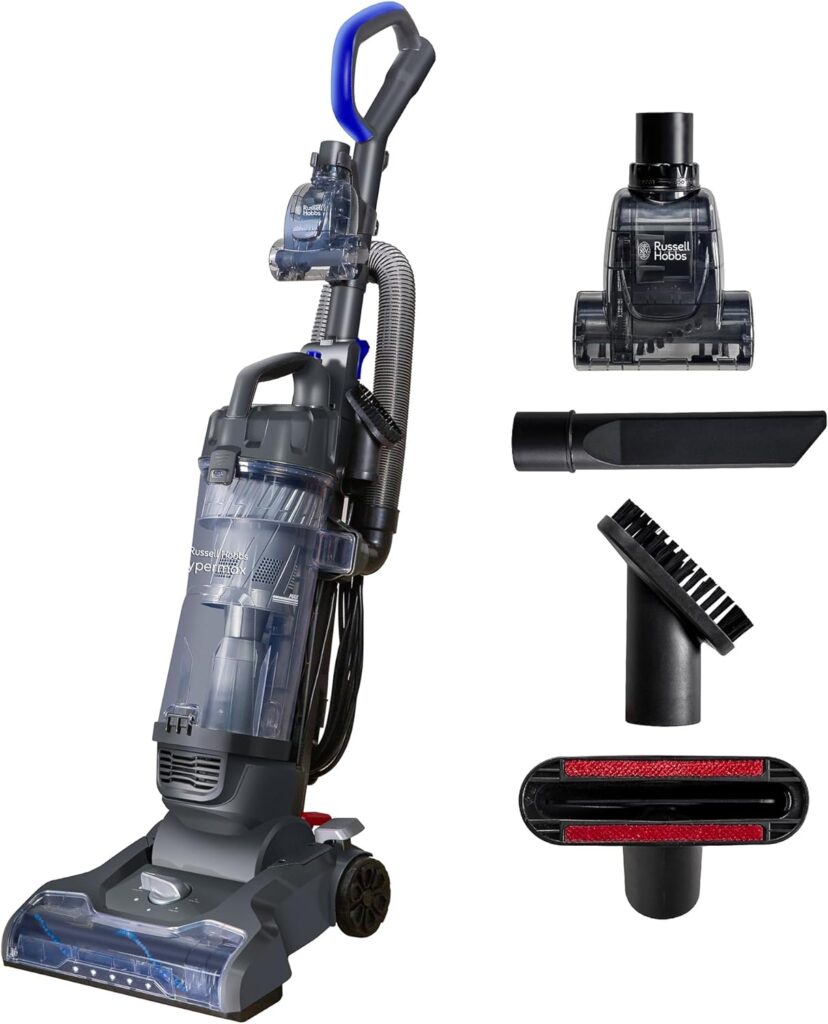 Russell Hobbs Upright Vacuum Cleaner Hypermax Multi-Surface Compatibility, Multi-Cyclonic Filtration, Grey  Blue Vacuum, Lightweight, 4L Dust Tank  10m Power Cord RHUV7001