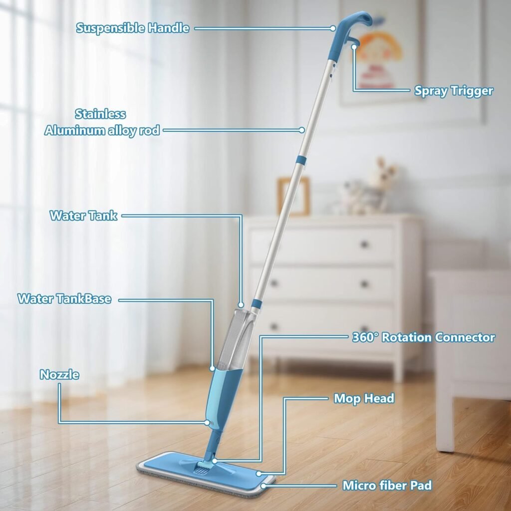 Spray Floor Mop, PAPCLEAN Microfibre Spray Mop with 3 Reusable Pads and 410ML Refillable Bottle, 360 Degree Spin Mop Suitable for Hardwood, Marble, Tile, Laminate, or Ceramic Floors - Cyan Blue